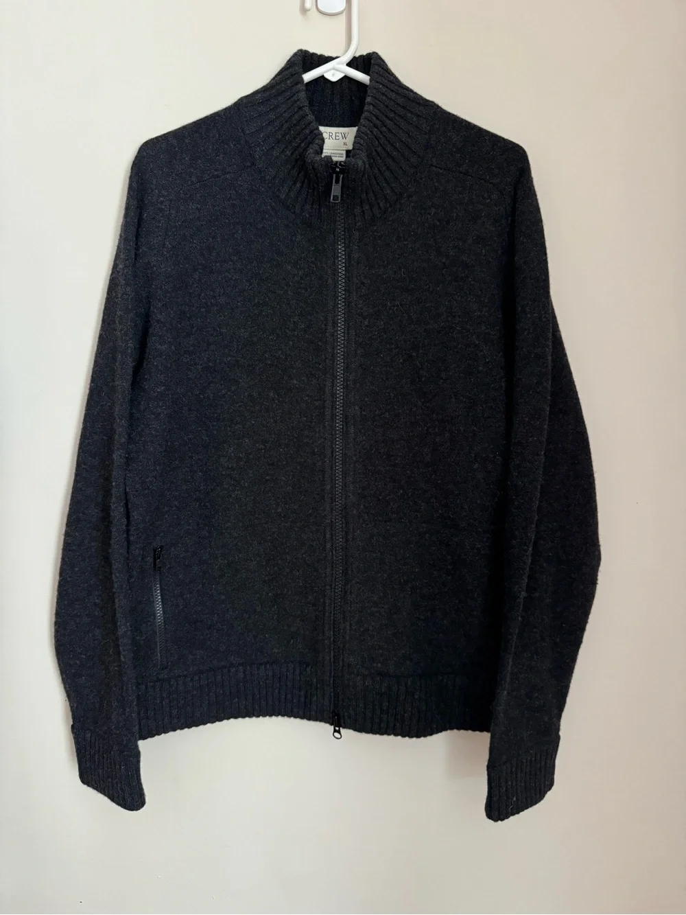J.Crew Men’s XL 100% Lambswool Full Zip Sweater Charcoal Gray Mock Neck